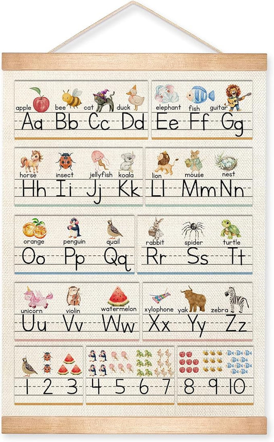 Educational Wall Art Posters, Numbers 1-10 and Alphabet Chart, Learning Posters for Kids,ABC Banner Poster, Canvas Wall Hanging Decor for Toddler Room Playroom Nursery Wall Classroom Decor (Colorful-05)