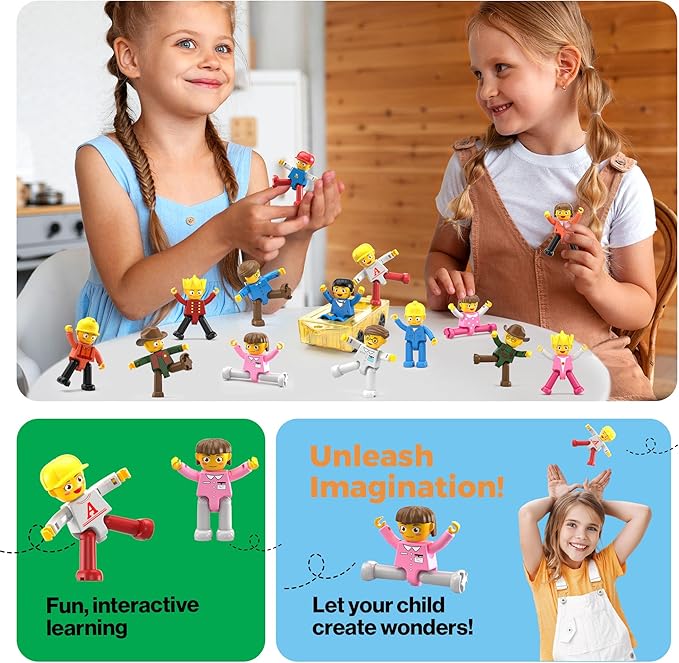 PicassoTiles Magnetic Figure Playset 15 PCS Rotatable Characters Toys for Kids Add On Set for Building Block Tiles Toddlers Sensory Pretend Play Travel Gift