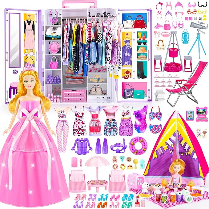 164 Pcs Doll Closet with 11.5 Inch Doll Clothes and Accessories Set, Camping Set, Princess Dresses, Camping Tent, Beach Swim Accessories Set, Diving Suit, Dress Up Toys for Girls Gift