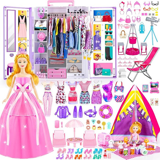 164 Pcs Doll Closet with 11.5 Inch Doll Clothes and Accessories Set, Camping Set, Princess Dresses, Camping Tent, Beach Swim Accessories Set, Diving Suit, Dress Up Toys for Girls Gift