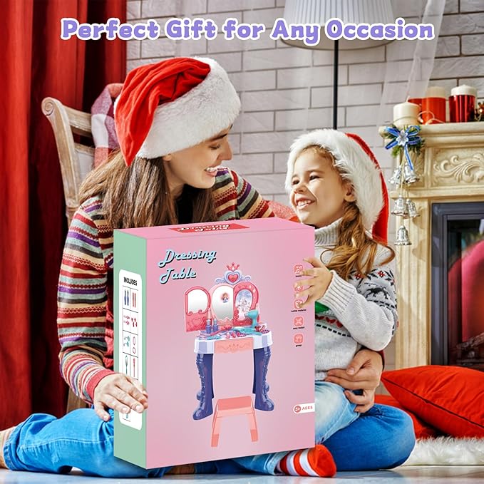 Toddler Vanity Makeup Table with Mirror and Chair, Open Doors by Gestures, Kids Vanity Set with Lights and Music with Makeup Accessories & Hair Dryer, Girls Vanity for Toddlers 3 4 5 Years Old