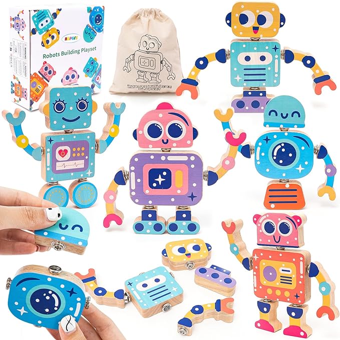 Wooden Robot Snap-Together Building Blocks, STEM Take Apart Toys Playset for Toddlers 3 4 5 6, 28 Psc Montessori Educational Fine Motor Skills Toys for Boys & Girls Birthday Gift