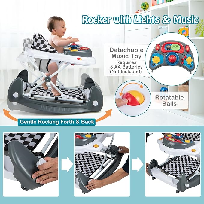 HONEY JOY Baby Walker, 6-in-1 Foldable Baby Walker and Bouncer Combo, Infant Activity Walker with Wheels, Adjustable Heights, Rocker, Music, Lights, Walker for Baby Boy Girl 7-14 Months (Gray)