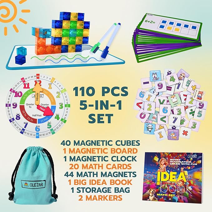 40pcs Transparent Magnetic Blocks, 1inch Cubes, 5-in-1 STEM Set with Board & Markers, Math Cards & Numbers, Magnetic Clock, Idea Book, 3D Educational & Building Toys, for Kids Ages 4-8