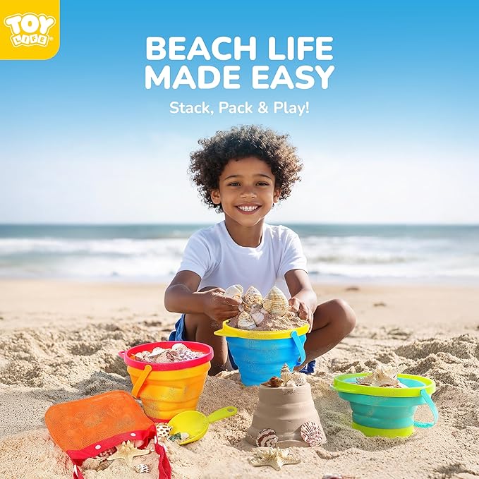 TOY Life Collapsible Beach Bucket Toys for Kids Beach Essentials with Portable 3 Seashell Bags & 3 Silicone Collapsible Sand Bucket & Shovels Travel Sand Toys Sandbox Toy for Fishing, Beach Party