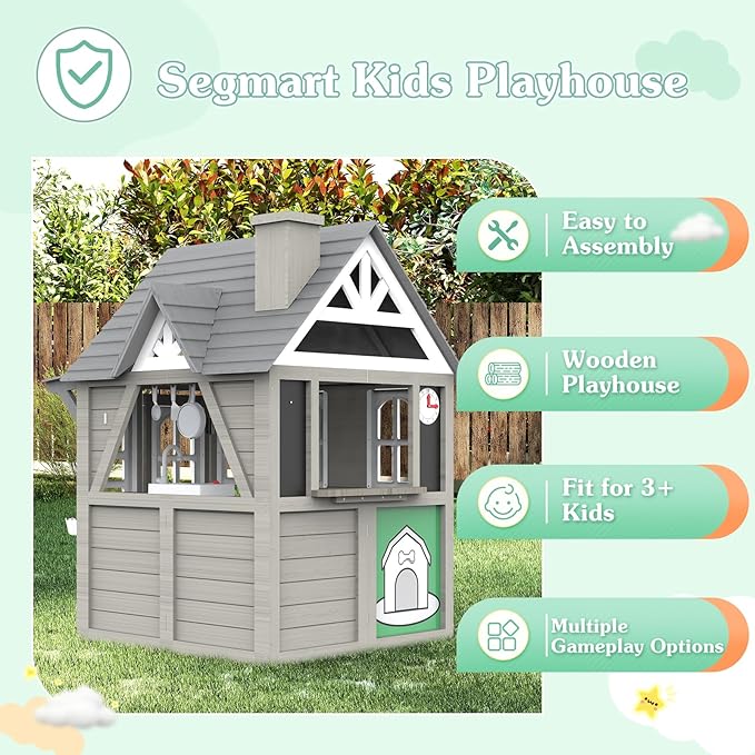 Kids Outdoor Cedar Playhouse, Weather-Resistant Gray Wooden Play House for Ages 3–8 with Play Kitchen, Working Doorbell, Toy Phone & Flowerpots — Durable Backyard Gift for Creative & Social Play