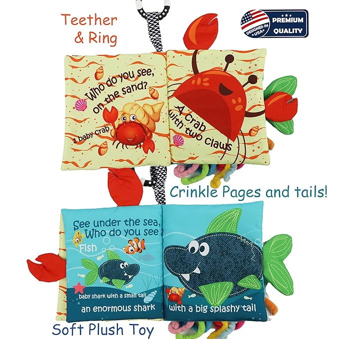Fish Baby Books Toys, Touch and Feel Crinkle Cloth Books for Babies,Infant, Baby Toys 0-6-12 18 Months, Learning Education Soft Sensory Mirror Toy, Shower Gifts Christmas for Baby Boys Girls-Gift Box