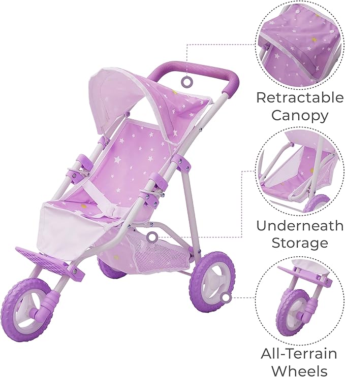 Olivia's Little World Baby Doll Jogging-Style Stroller with Canopy, Seatbelt and Storage Space, Purple and White