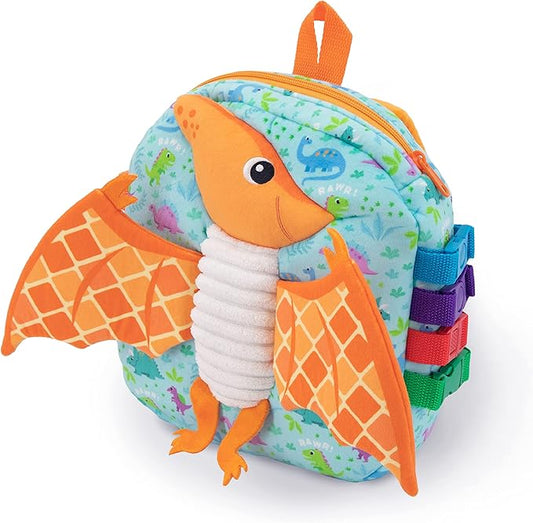 Buckle Toys Breezy Pterodactyl Dinosaur Toddler Backpack with Buckles & Toddler Learning Activities and Sensory Toys for Toddlers 1-3, Travel Essentials Road Trip Activities for Fine Motor Skills