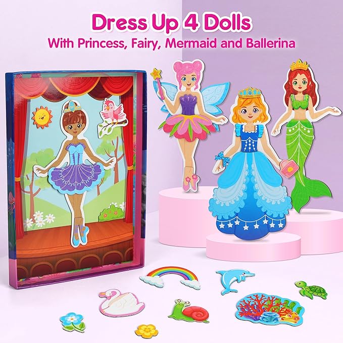Mocoosy Magnetic Dress Up Dolls for Girls, Princess Mermaid Fairy Ballerina Magnet Dolls Dress Up Kits, Travel Game Car Road Trip Airplane Activity Toys Birthday Gifts for Toddler Girls Ages 3 4 5 6 7