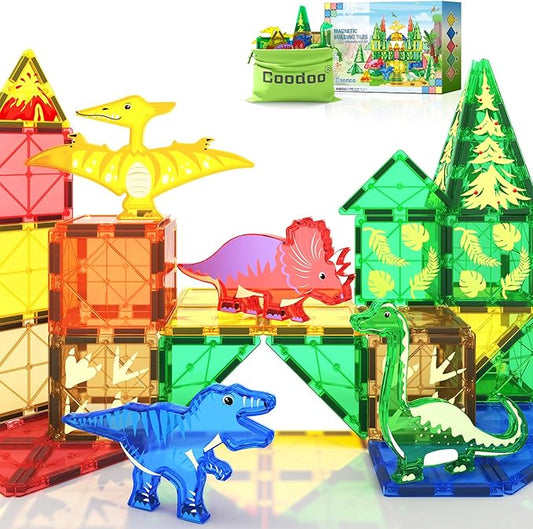 Coodoo Dinosaur Toys Magnetic Tiles - Magnet Building Blocks for Toddler Kids Toys STEM Sensory Outdoor Toy for 3+ Year Old Boys and Girls, Dinosaur World Creative Games Kids