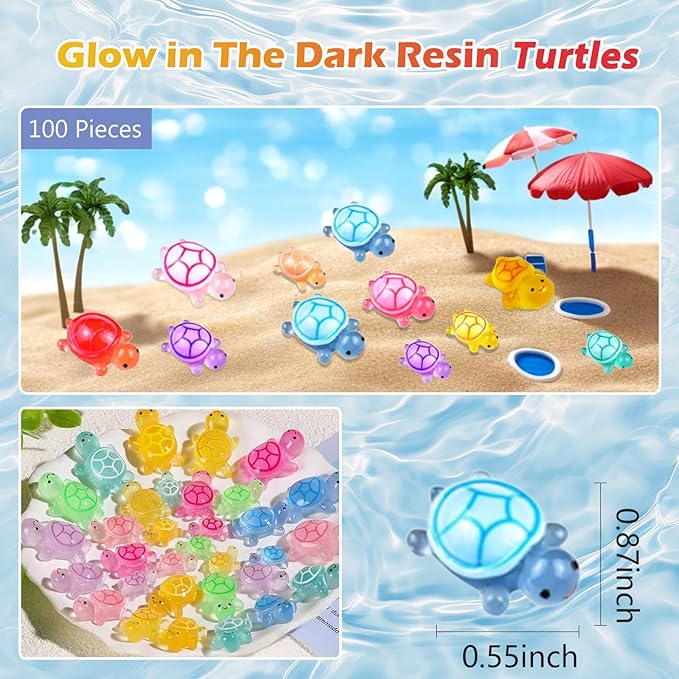 100 Pcs Mini Turtle Blind Bags for Kids - Glow in The Dark Resin Turtles Collectible Sea Turtle Toys for Party Favors, Treasure Hunt Games Dollhouse Decor, Mini Garden Landscape, Cake Toppers