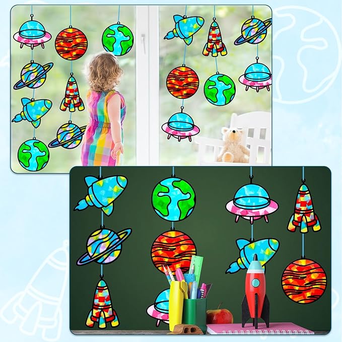 Qyeahkj 36 Set Outer Space Suncatchers Crafts for Kids DIY Solar System Window Tissue Paper Craft Kit Space Hanging Decor for Planet School Home Activity Art Project Birthday Party Favor Gift