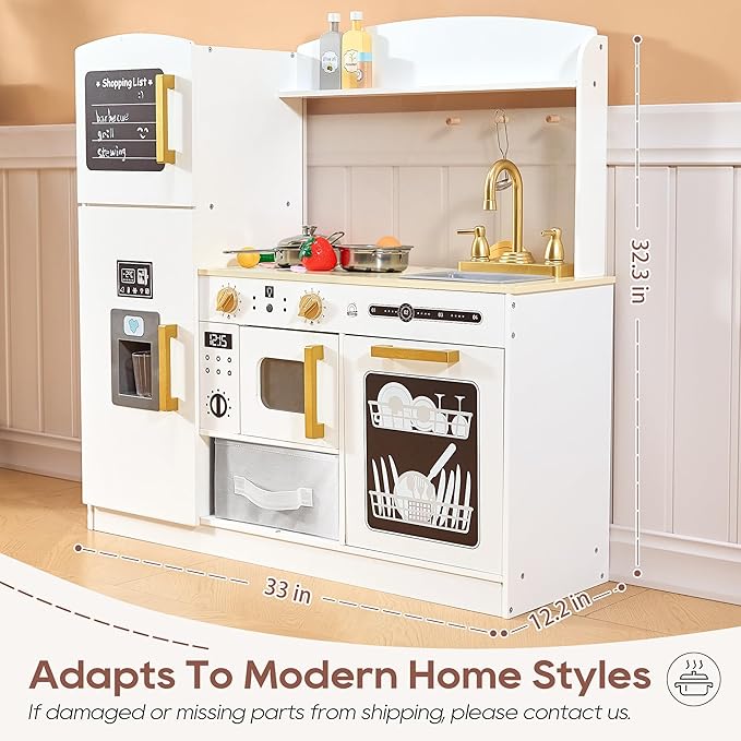 Play Kitchen Set for Kids, Wooden Kids Kitchen Playset with Real Lights & Sounds, Interactive Toy Kitchen with Felt Boxes for Storing Kitchen Utensils and Ice Maker Toy Accessories (Soft White)