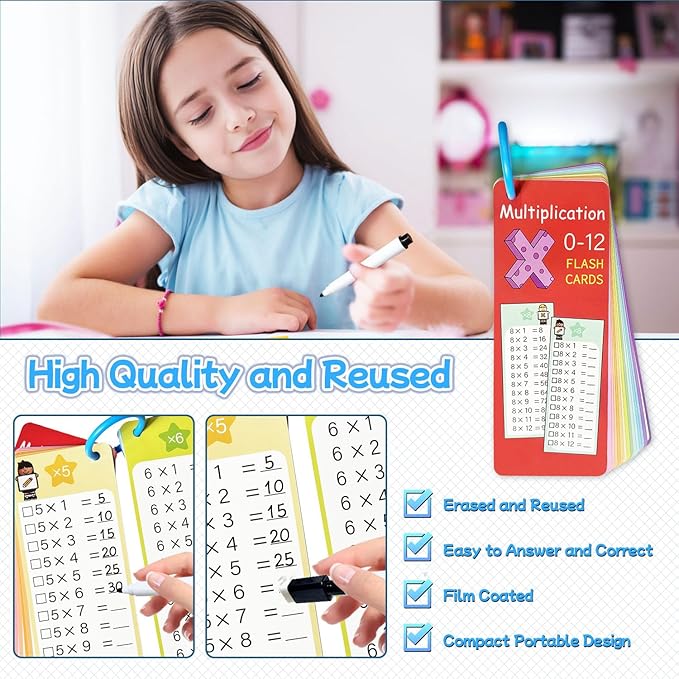 Multiplication Flash Cards 0-12, 15PCS Times Table Flash Cards Chart, with Dry Erase Markers Sorting Ring, 1st, 2nd, 3rd Grades Educational Math Multiplication Game for Kids Classroom Home