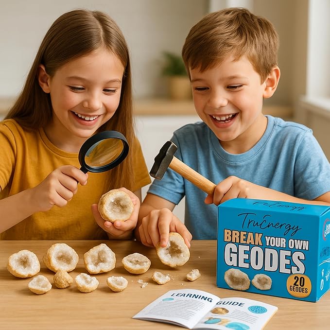 Break Your Own XL Geodes Kit for Kids – 3–4 Large Natural Crystal Geodes (3.5–4.5”) with Magnifying Glass & Learning Guide – STEM Science Rock Kit – Gift-Ready Educational Set for Kids Ages 6–12