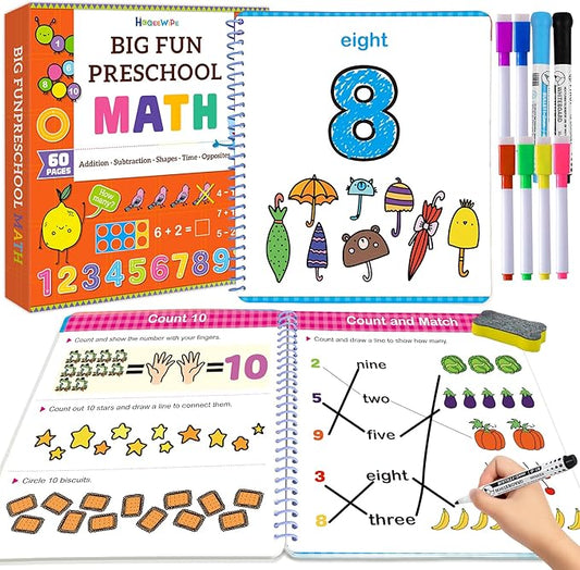 Preschool Learning Activities Math Workbook - Reusable 60 Pages Tracing Books for Kids Ages 3-5, Number, Addition & Subtraction | Fine Motor Skills Learning Toys for Toddlers 2-4 Years Old