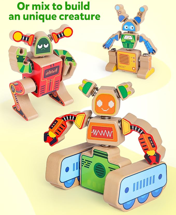 Coogam Fine Motor Building Robot Blocks for 3 4 5 Years Old Kids, Wooden Snap Together Builders, STEM Take Apart Robot Playset, Educational Learning Toy Gift for Boys Girls