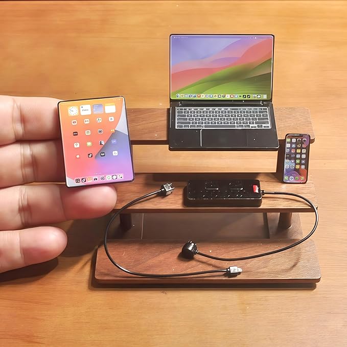 Miniature Electronics Set for Dollhouses: 1:6 Scale Metal Smartphone, Tablet, Laptop & Socket - Doll Accessory Compatible with 1:12 Scale Miniatures - 5 Color Variants (Black)