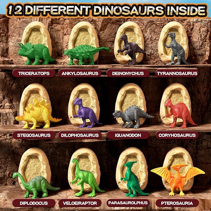12 Dinosaur Eggs Dig Kit Toys for Kids, Surprise Dinosaur Eggs Excavation Kit with Magnifier, Science STEM Birthday Party Favors Easter Gifts for Boys Girls Age 3 4 5 6 7 8 9 10 + Years Old