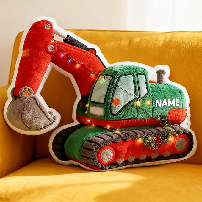 Custom Excavator Shaped Pillow Cute Personalized Name Plush Doll, Double-Sided Construction Engineering Vehicle Pillow for Kids, Birthday gifts for Boys and Girls Sofa Decorative Pillows 8-32in