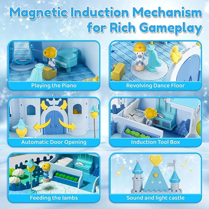 Dream Princess Play Set, 12.2*8.6*8.8 inches with 2 Magnetic Control Movable Toys, Magnetic Doll House Building Toys with Light Music, Toy Gift for Girls Kids Ages 6+（Blue）
