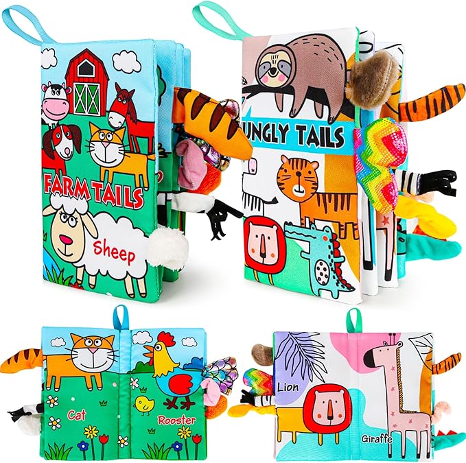 2Pack Soft Baby Books Animal Tails Toy Touch and Feel Crinkle Cloth Book Infant Toy with Non-Toxic Fabrics, Baby Shower, Thank You Gifts for Newborn Boys and Girls 3-12 Months