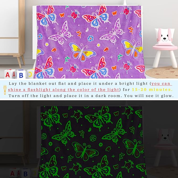 Butterfly Blanket Glow in The Dark Blanket Gifts for Girls, Toys for 1 2 3 4 5 6 7 8 9 10 Year Old Girls Butterfly Birthday Gifts for Adults Kids,Soft Warm Fuzzy Kids Throw Blanket 40"x50"