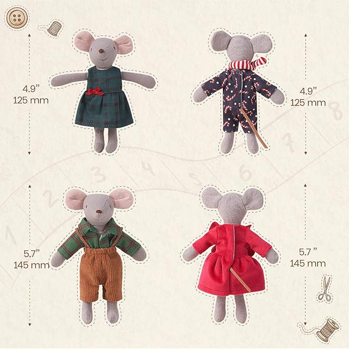 Giant bean® Mouse Toys for Kids, Christmas Mouse, 4 PCS Hand Made Mouse Family Dolls with Removable Clothes, Suitable for Infants, Boys and Girls, Dollhouse People