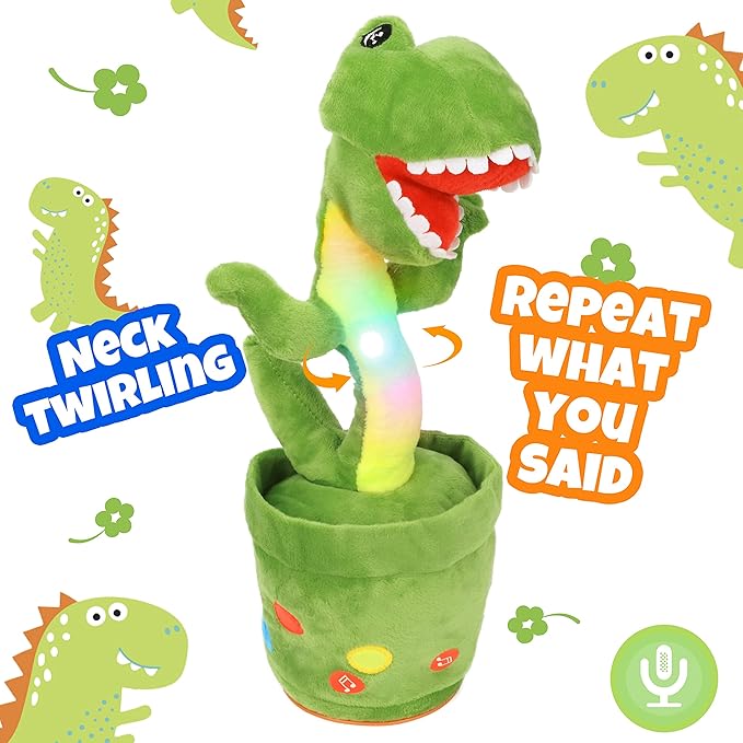 Hopearl Glowing Dancing Dinosaur Toy Repeats What You Say Talking T-Rex Toy Wriggle Singing Mimicking Twisting Light Up Interactive Animated Toy Speaking Plush Gift for Kids, Green, 13''