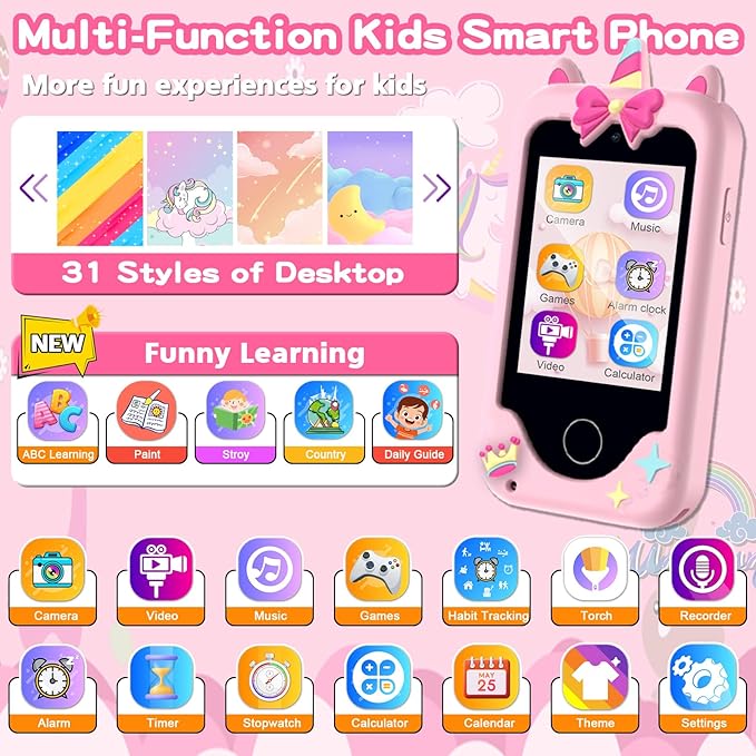 Kids Phone Toys for Girls, 3 4 5 6 7 8 Year Old Boys Girls Christmas Birthday Gifts for Kids, 2.8" Touchscreen Smartphone Toddler Cell Phone, Children Play Toy Phone with Camera, Game, Music, 8GB Card