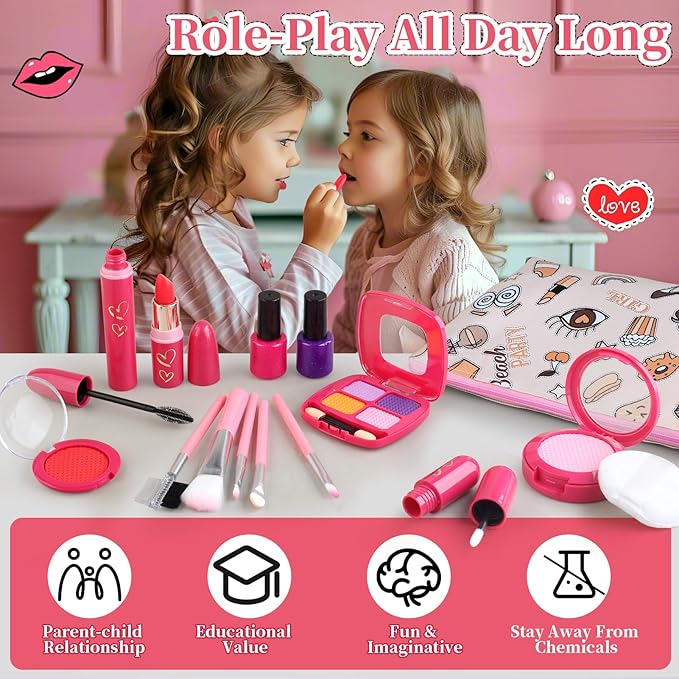 Pretend Makeup Kit for Kids 3-5, Blue or Beige Fake Makeup Set for Toddlers Girls, Play Makeup Gifts for Little Girls Age 3 4 5 6 7 Year Old, Make Up Toys Birthday (Random Style)