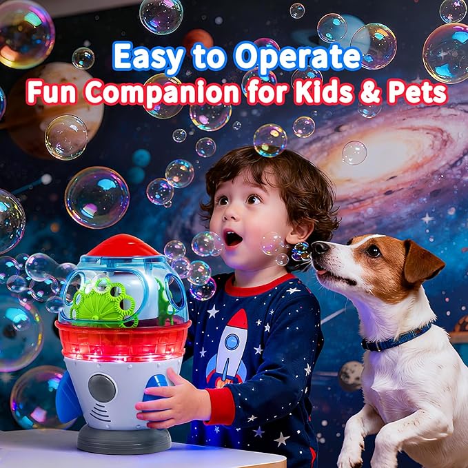 Rocket-Shaped Bubble Machine for Kids & Pets - Dual Powerful Bubble Outlets, Automatic 360° Rotation, Adjustable LED Lights & Music – Ideal for Indoor/Outdoor Birthday Parties