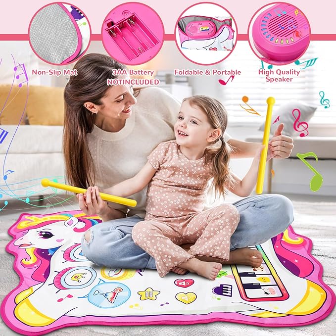 Cyiecw 3-in-1 Unicorn Musical Mat, Piano Drum Play Mat Unicorn Gifts for 1 2 3 Year Old Girls, Sensory Early Educational Musical Learning Toys for Baby Boys, Birthday Gift for Toddlers 1-5 Years Old