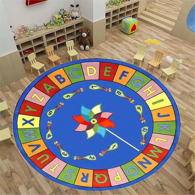 Round Kids Area Rug,5ft,ABC Letters and Numbers Early Learning Rug, Colorful Windmill Kite Design Non-Slip Rug for Classroom Playroom, Boys Girls Bedroom Decoration