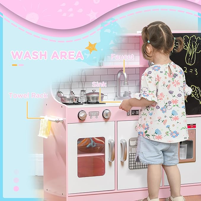 Qaba Play Kitchen, Kids Kitchen Playset Pretend Play Toy Kitchen with Play Phone, Chalkboard, Towel Rack, Ice Maker, 5 Accessories, Storage Space, Microwave & Sink, Gift for 3-8 Years, Pink
