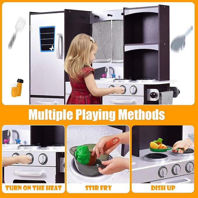 Costzon Kids Play Kitchen, Wooden Kids Kitchen Playset w/Realistic Sound, Microwave, Oven, Refrigerator, Chalkboard & Towel Rack, Toy Kitchen for Kids,Toddler, Baby, Boys & Girls (Coffee)