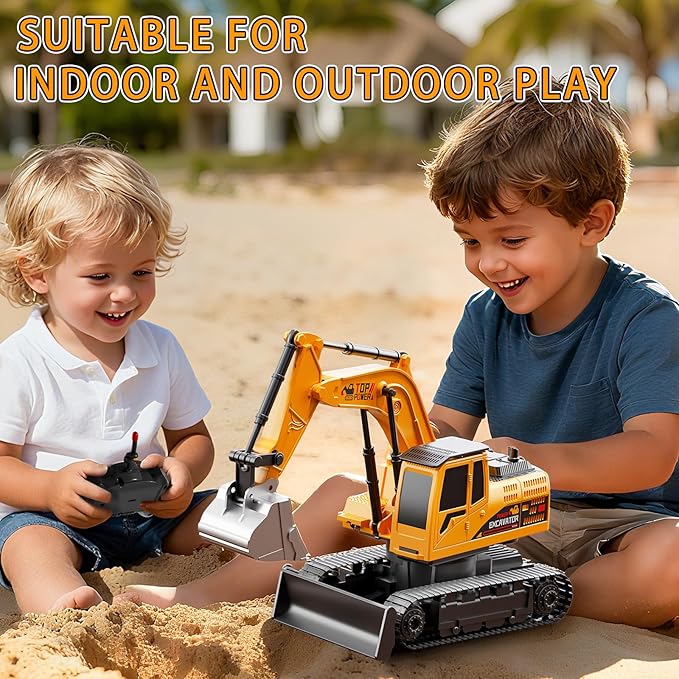 Remote Control Excavator for Boys 4-7, RC Excavator for Kids, 27 MHz Construction Trucks Vehicles Toys for Toddlers 1-3 3-5 4-7 with Metal Shovel and Light Birthday Boys Gifts
