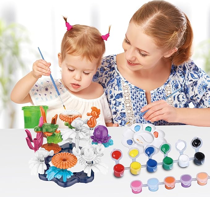 Ocean Reef Sea Creatures 37pcs Water Washable Painting & Building Toy Set, Children's Activity Art Kit, Paint Your Own Buildable Ocean Reef Toy with Free Bubbles Wand Gift
