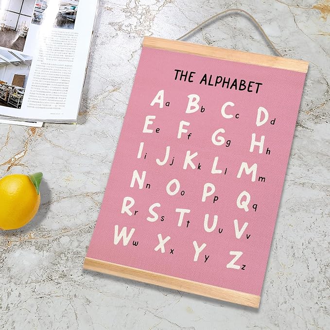 HEYJEEPER Kids Alphabet and Numbers Learning Posters Set of 2,18.5x14 Inch Linen&Canvas Educational Wall Art with Wood Hanger, ABC 1-20 Chart for Toddlers Classroom Nursery Playroom Decor(Pink)