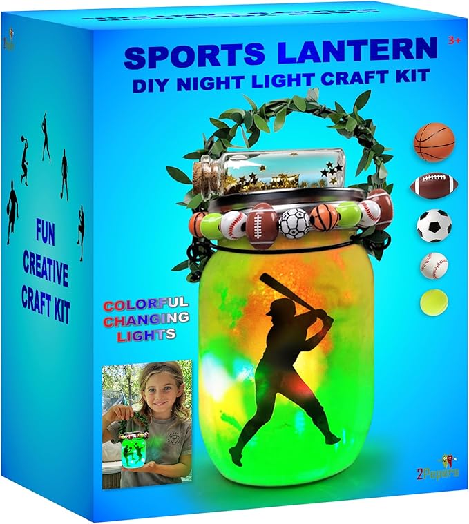 Make Your Own Sports Night Light Lantern Jar Arts & Crafts For Boys And Girls, Football, Soccer, Basketball, Tennis & Baseball Gifts For Kids, DIY Art Kit Age 4 5 6 7 8-12, Best Kids Birthday Present
