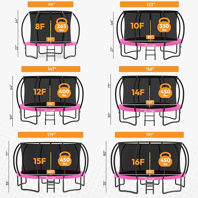 JUMPZYLLA Trampoline Outdoor 8FT 10FT 12FT 14FT 15FT 16FT with Enclosure and Ladder, ASTM Approved Recreational Trampoline for Kids and Adults, Anti-Rust Coated Frame