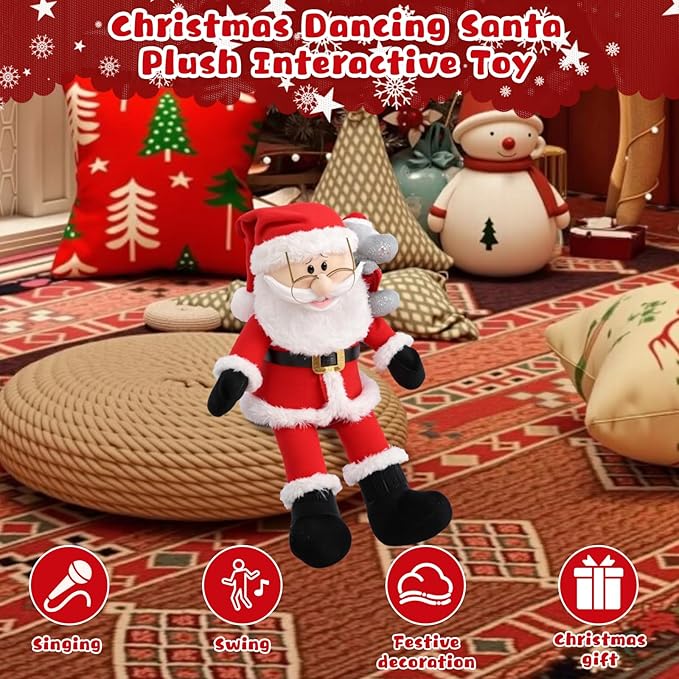 Christmas Dancing Santa Plush Interactive Toy, Dancing Singing Musical Santa Claus, Animated Christmas Plush Holiday Decorations for Kids Boys Girls Gifts