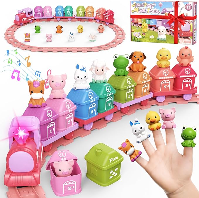 Learning Toys for Toddlers 1 2 3 Year Old,Electric Farm Train Set for Girls 2-4,Counting Matching & Sorting Montessori Train Toy with Farm Animals, Music, Light, Christmas Birthday Gift Baby (Pink)