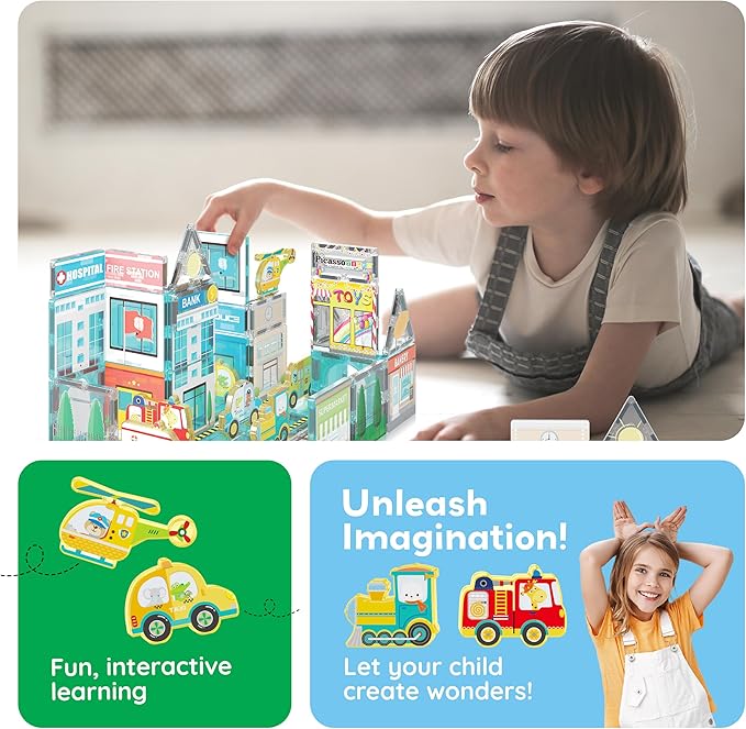 PicassoTiles Metro City Hospital Magnetic Tile Building Set with 8 Vehicles and Figures Educational Magnet Blocks Construction for Kids Age 3 Plus STEM Role Play Town Imagination Learning Toy PTQ14
