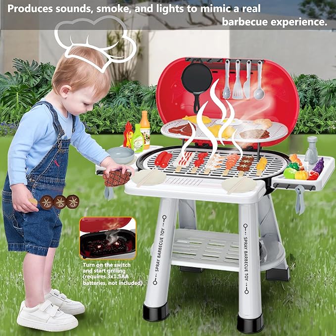 Play Kitchen Sets Toy for Toddlers 3-5, Indoor Outdoor Interactive Kids BBQ Grill Playset with Smoke, Sound & Light, Pretend Cutting Food, Christmas Birthday Gift for Boys and Girls 4-8.