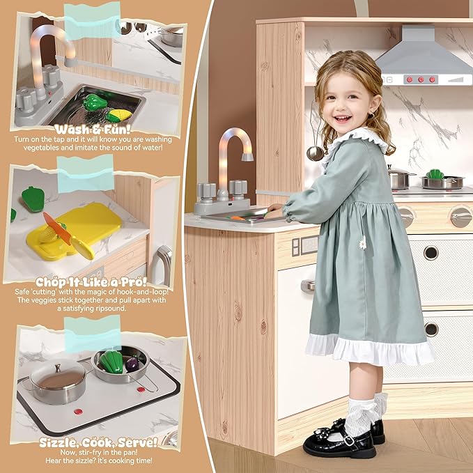 Play Kitchen Toy Set, Wooden Kids Kitchen Playset with Real Lights & Sounds, Sink, Stove, Oven, Ice Maker and Accessories for Toddlers Ages 3+, White and Light Wood