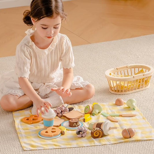 ROBOTIME Wooden Play Food Sets for Kids Kitchen, 14 PCS Toy Food Pretend Play Picnic Basket with Fruits, Desserts, Drinks & Utensils, Play Kitchen Food for Indoor & Outdoor Camping Fun, Ages 3+