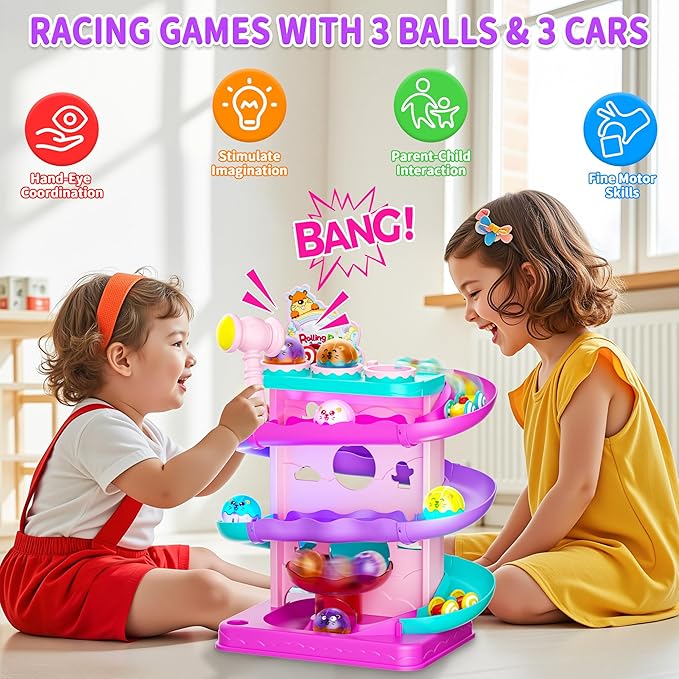Funwee 2-in-1 Ball & Racing Car Ramp Toy for Toddlers, Race Track Hammer Rolling Lights Ball Drop, Interactive Montessori Learning Game Birthday Gift Idea for Kids 2 3 4 5+Year Old Girl Boy(Pink)
