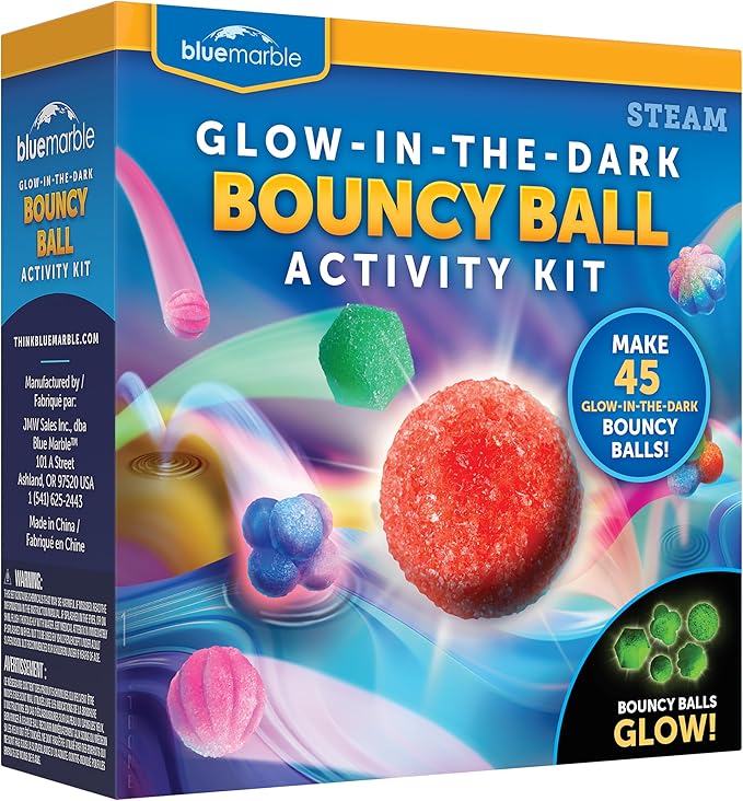 Blue Marble Bouncy Ball Science Kit - Make Up to 45 Glow in The Dark Bouncy Balls for Kids with 6 Colors & 5 Mold Shapes, DIY STEM Projects, Science Kit, Kids Science Projects